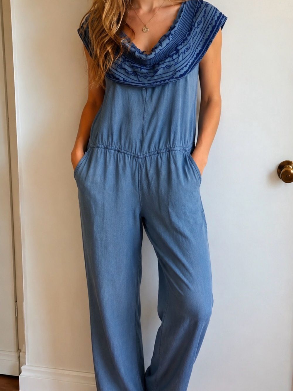 Crown & Ivy Chambray Jumpsuit Size XL Blue Ruffle Off The Shoulder Drawstring